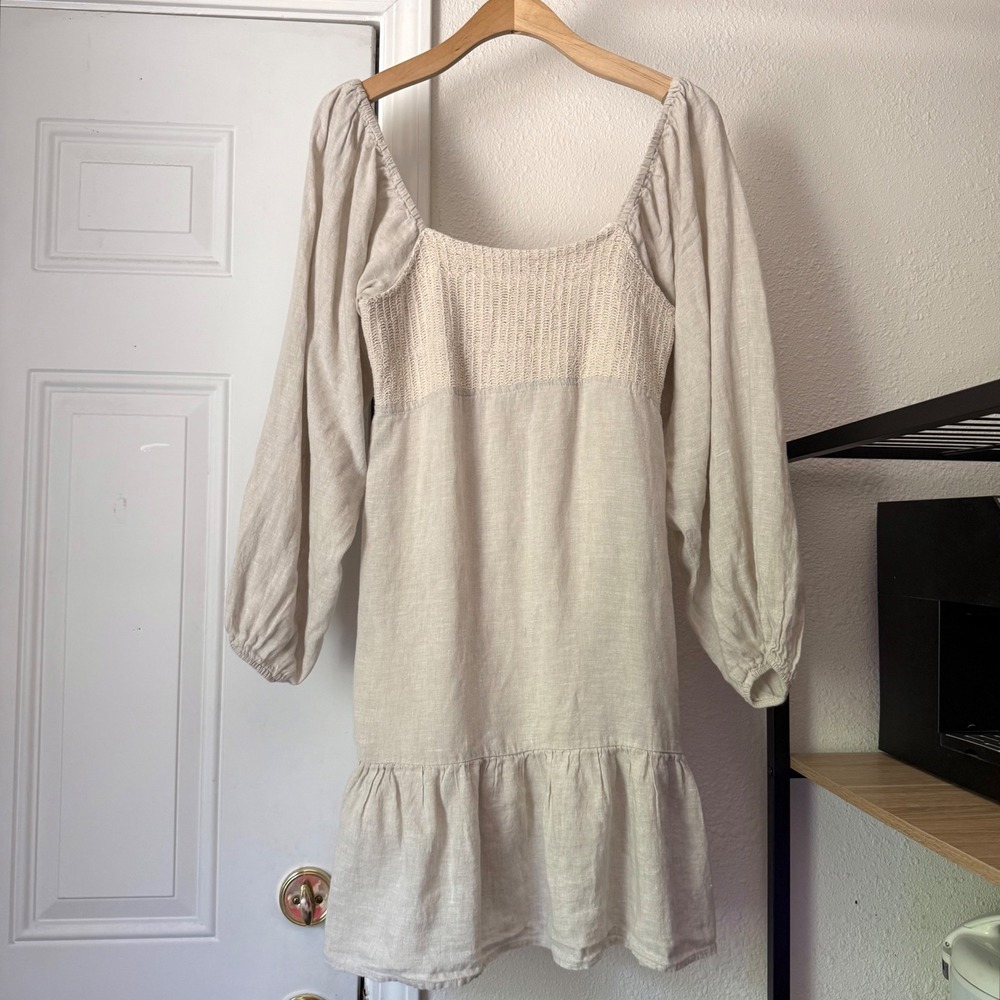 TOUCHE beige cream natural crochet contrast linen puff sleeveless mini dress